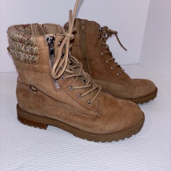 Sugar Other - Sugar Tan Faux Suede Knit Cuff Up Zipper Ankle Combat Boots Kids 2